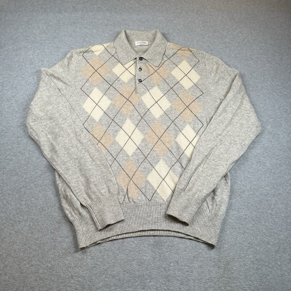Gran Sasso Collared Sweater Mens XL Gray Beige Argyle Cashmere Blend Long Sleeve - Picture 1 of 6